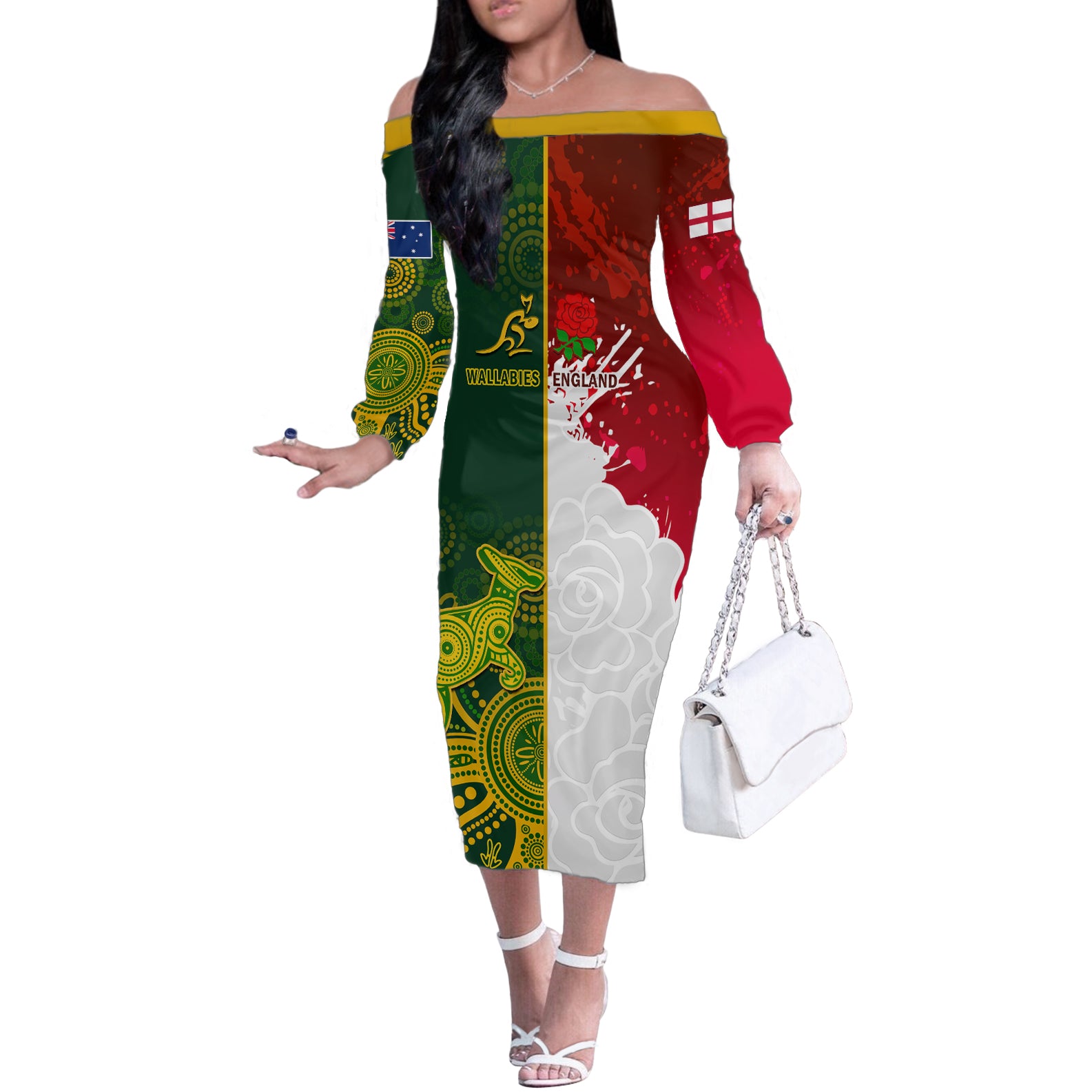 Personalised Australia And England Rugby Off The Shoulder Long Sleeve Dress Indigenous Wallabies With Red Roses Sporty Version - Wonder Print Shop