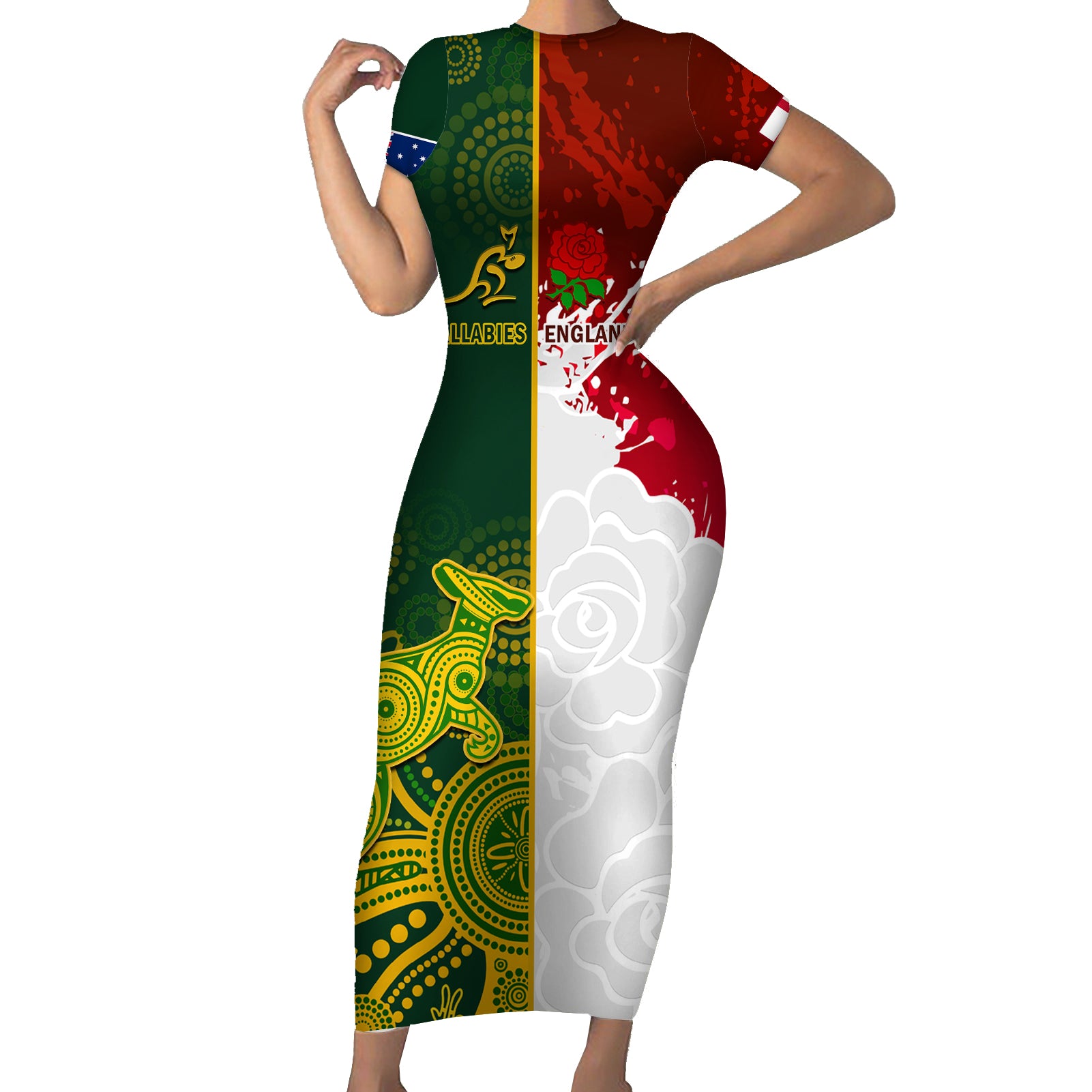 personalised-australia-and-england-rugby-short-sleeve-bodycon-dress-indigenous-wallabies-with-red-roses-sporty-version