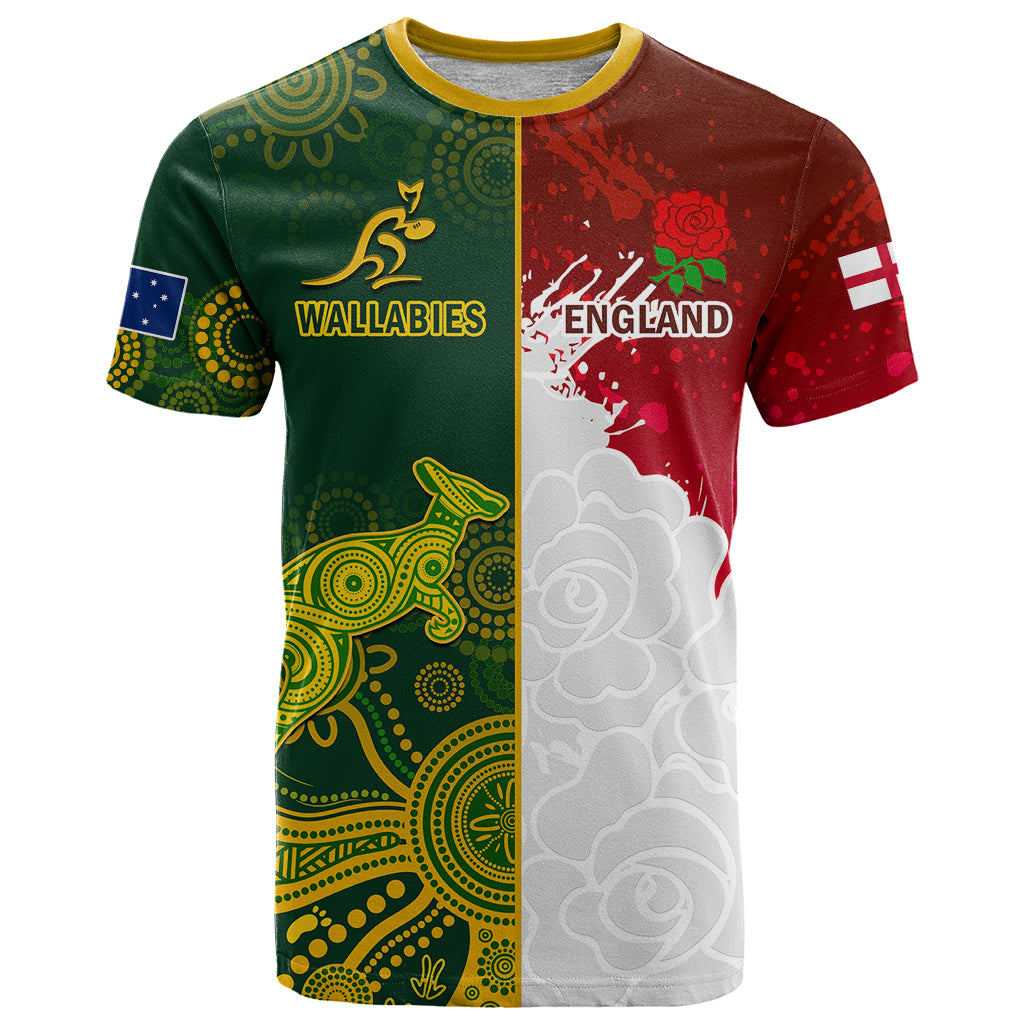 personalised-australia-and-england-rugby-t-shirt-indigenous-wallabies-with-red-roses-sporty-version