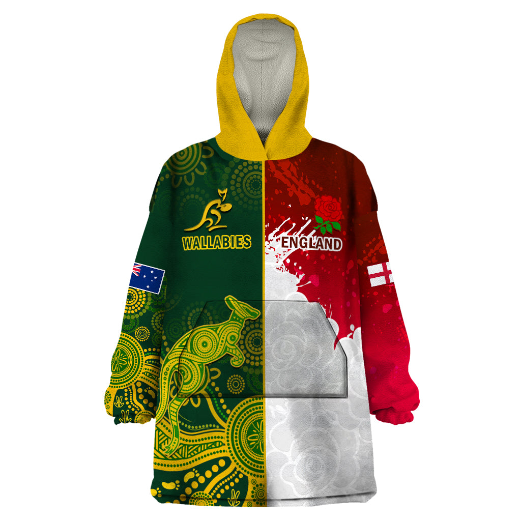 personalised-australia-and-england-rugby-wearable-blanket-hoodie-indigenous-wallabies-with-red-roses-sporty-version