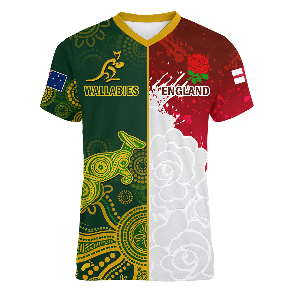 personalised-australia-and-england-rugby-women-v-neck-t-shirt-indigenous-wallabies-with-red-roses-sporty-version