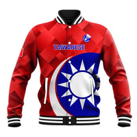 Red baseball jacket with striped rib collar and large front Taiwan graphic