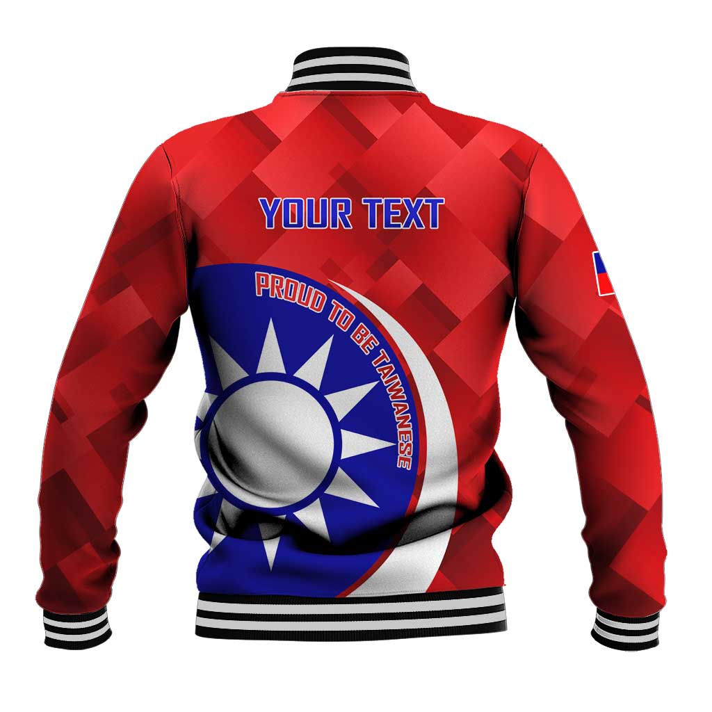 Red baseball jacket with striped cuffs and back 'YOUR TEXT' Taiwan logo