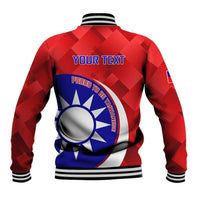 Red baseball jacket with striped cuffs and back 'YOUR TEXT' Taiwan logo