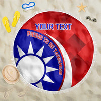 Red circular beach blanket with blue-white emblem, 'YOUR TEXT', and white tassel fringe