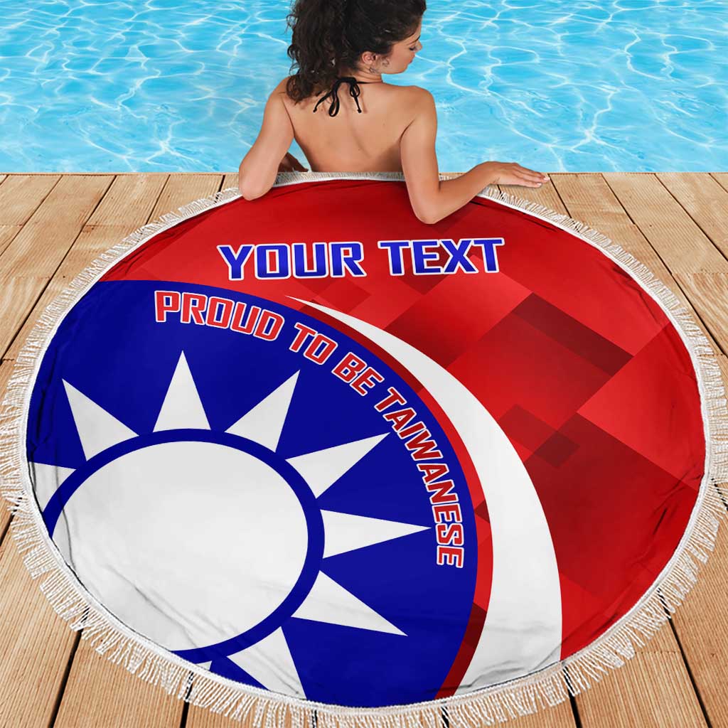 Red circular beach blanket with blue-white emblem, 'YOUR TEXT', and white tassel fringe