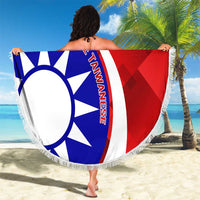 Circular beach blanket with red and blue emblem, 'YOUR TEXT', and white tassel fringe