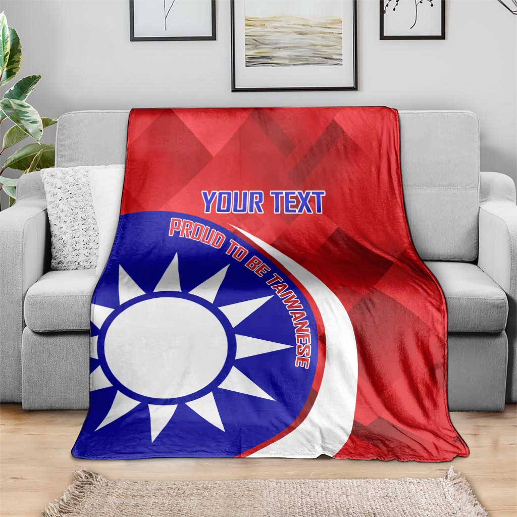 Red, blue and white personalized badminton blanket with sun logo and “YOUR TEXT”