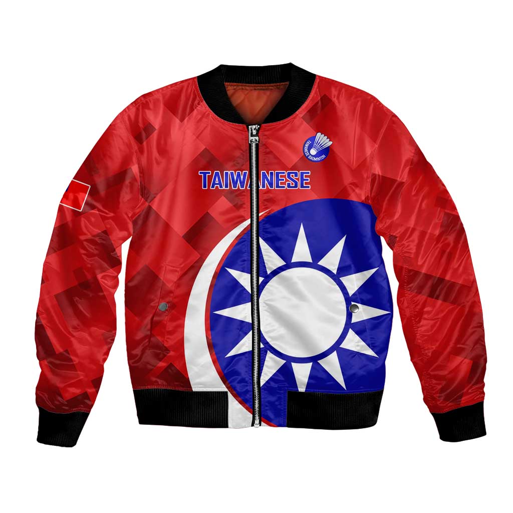 Red unisex bomber jacket with black rib trim, full zip, and Taiwan sun graphic on front