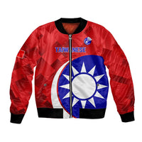 Red unisex bomber jacket with black rib trim, full zip, and Taiwan sun graphic on front