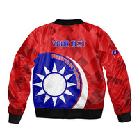 Red unisex bomber jacket with black rib trim, full back print and Taiwan sun emblem