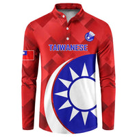 Red button-front long-sleeve sweatshirt with Taiwanese text and large sun emblem on front
