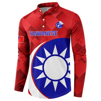 Red button-front long-sleeve sweatshirt with Taiwanese graphic and sun emblem on front