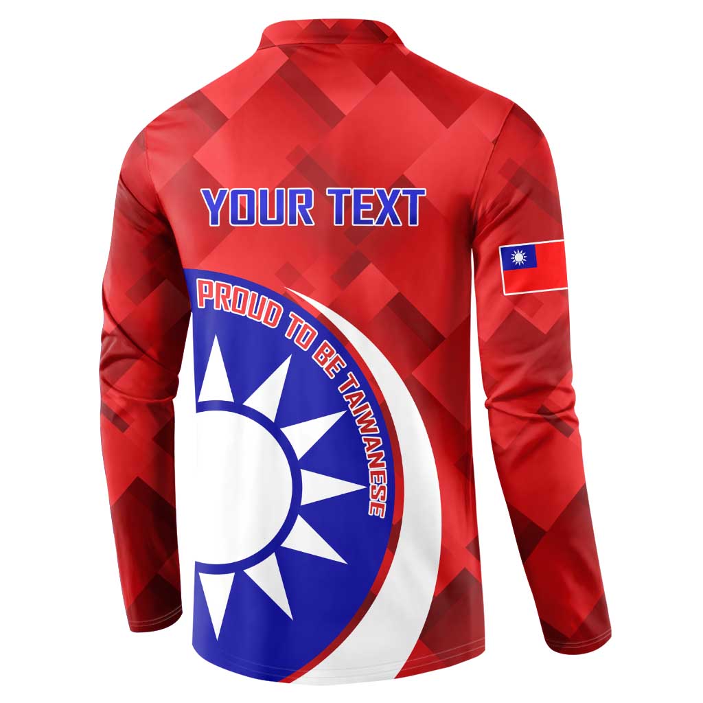 Red button-front long-sleeve sweatshirt, back view with custom text and Taiwan sun emblem