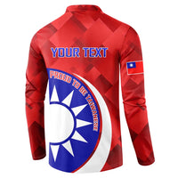 Red button-front long-sleeve sweatshirt, back view with custom text and Taiwan sun emblem