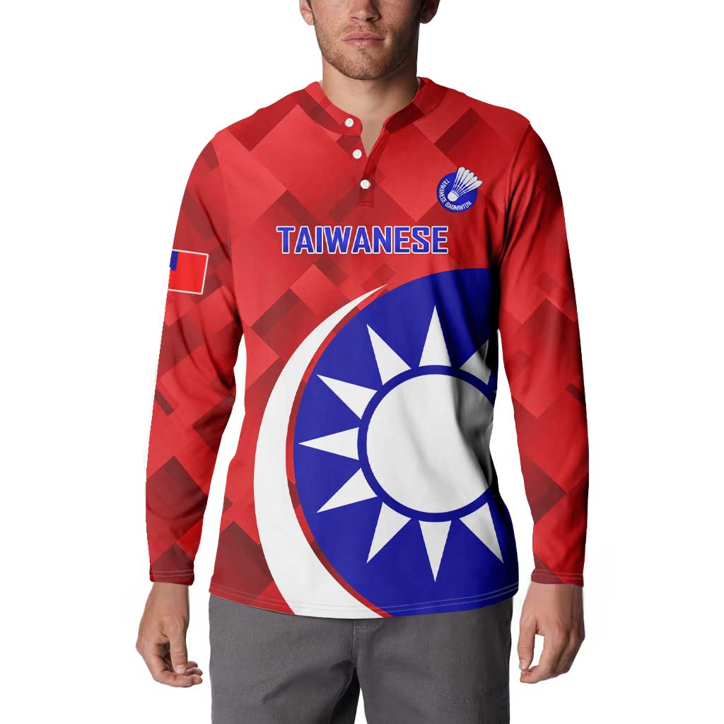 Red button-front long-sleeve sweatshirt on model, front view with Taiwanese text and sun emblem