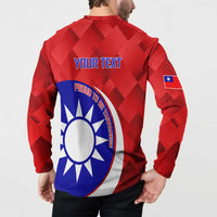 Red button-front long-sleeve sweatshirt on model, back view with custom text and sun emblem