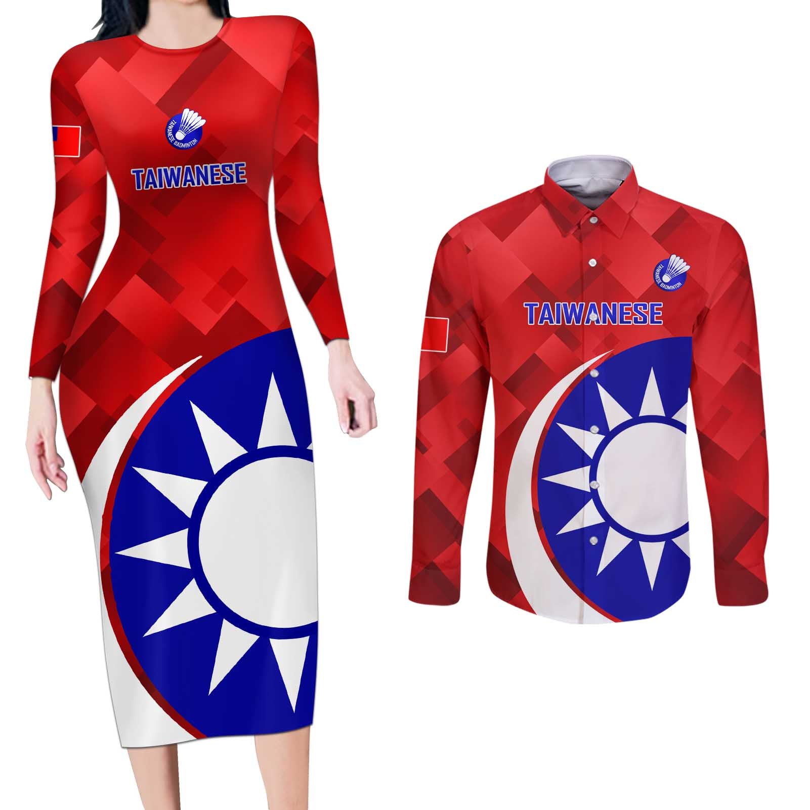 Personalised Taiwan Badminton Couples Matching Long Sleeve Bodycon Dress and Long Sleeve Button Shirt 2024 Taiwanese Proud Dynamic Style - Wonder Print Shop