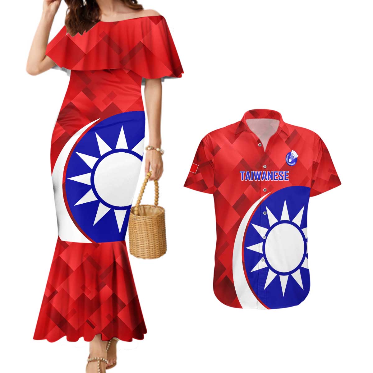 Personalised Taiwan Badminton Couples Matching Mermaid Dress and Hawaiian Shirt 2024 Taiwanese Proud Dynamic Style - Wonder Print Shop