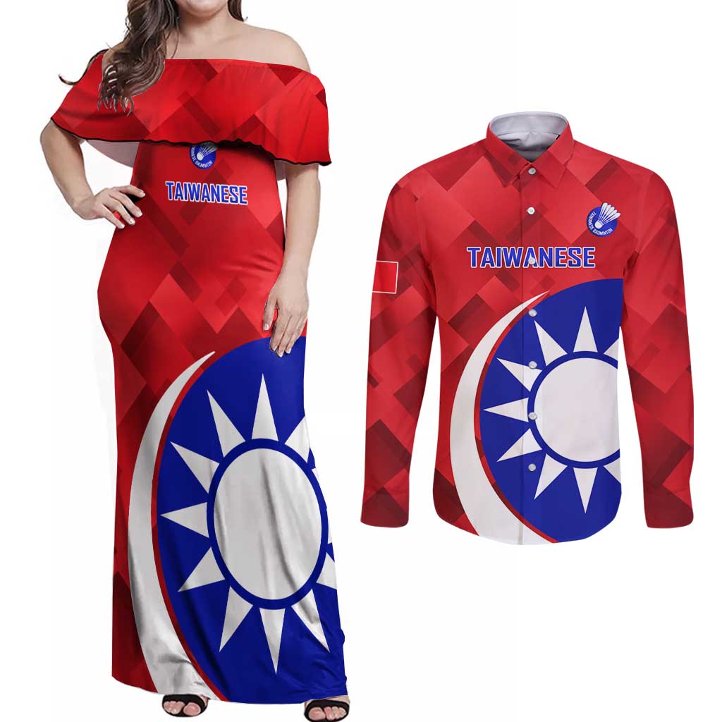 Personalised Taiwan Badminton Couples Matching Off Shoulder Maxi Dress and Long Sleeve Button Shirt 2024 Taiwanese Proud Dynamic Style - Wonder Print Shop