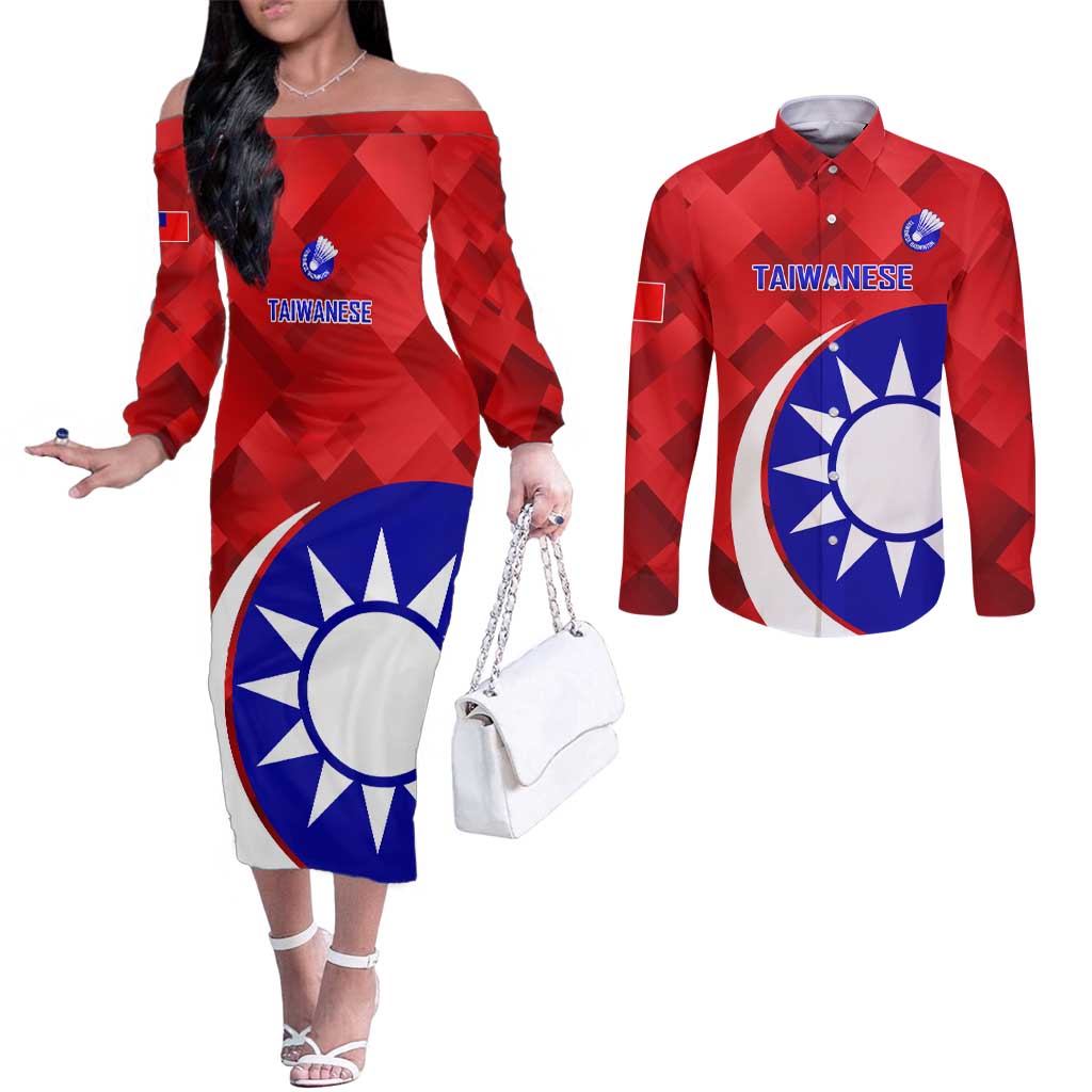 Personalised Taiwan Badminton Couples Matching Off The Shoulder Long Sleeve Dress and Long Sleeve Button Shirt 2024 Taiwanese Proud Dynamic Style