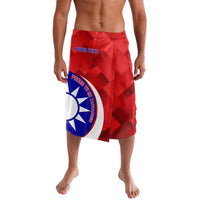 Red personalized badminton lavalava skirt with blue emblem and custom text panel