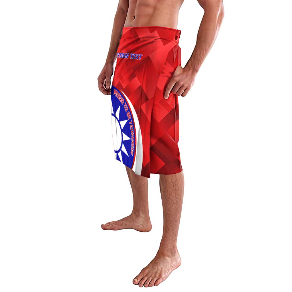 Red badminton lavalava skirt with blue emblem and matching custom text