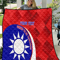 Red and blue Taiwan-themed quilt with white sun emblem and custom text, diamond quilting