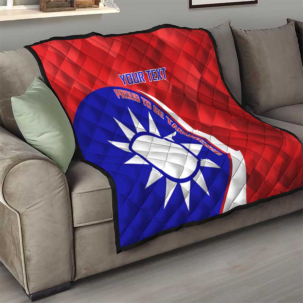 Red and blue Taiwan-themed quilt with white sun emblem and custom text for sofa use