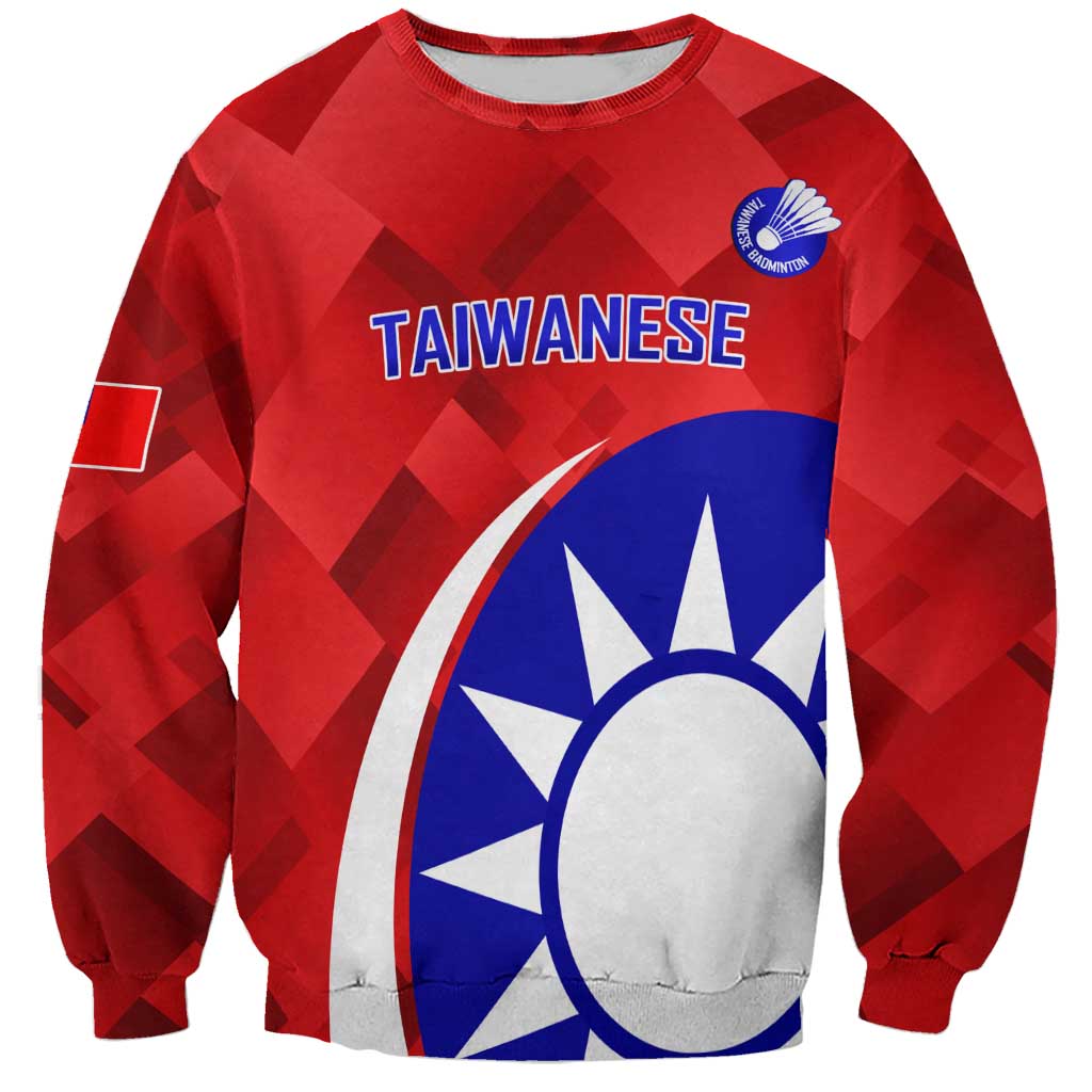 Red crewneck sweatshirt with blue Taiwanese text and sports graphic on front