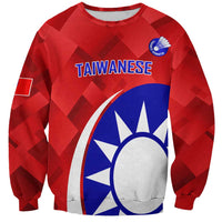 Red crewneck sweatshirt with blue Taiwanese text and sports graphic on front