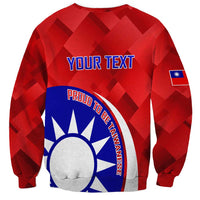 Red crewneck sweatshirt with YOUR TEXT slogan graphic and Taiwan flag patch