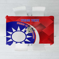 Red badminton tablecloth with blue-and-white circular emblem and placeholder text