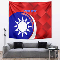 Red and blue badminton tapestry with custom text and sun emblem, wall hanging