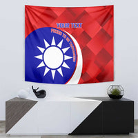 Red and blue badminton tapestry with custom text and sun emblem, wall mounted