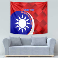 Red and blue badminton tapestry with custom text and sun emblem, front view