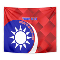 Red and blue badminton tapestry close-up with custom text and sun emblem