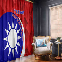 Red and blue Taiwan-themed window curtain with circular emblem and customizable text panel.