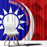 Red and blue curtain close-up with white sun emblem, bold text, and blue arc design.
