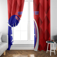 Red and blue window curtain panels with emblem graphic and vertical custom text strip.