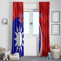 Red and blue Taiwan-style curtains framing a window, featuring a large white sun emblem.
