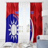 Red and blue curtains with large sun emblem and bold customizable text on both panels.