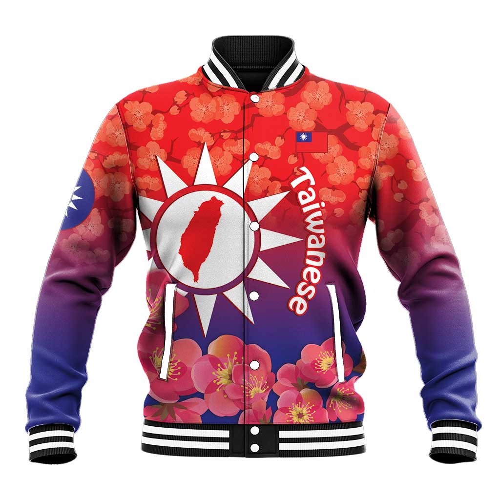 Personalised Taiwan Baseball Jacket Taiwanese Map Mix Prunus Mume Blossoms - Wonder Print Shop