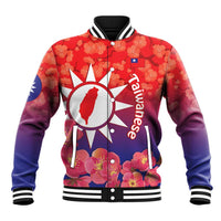 Red and purple baseball jacket with striped collar, button front, sun and map graphic