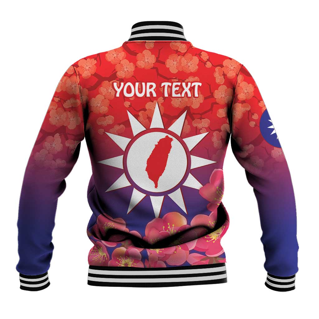 Back view red baseball jacket with striped ribs and 'YOUR TEXT' over sun and floral print