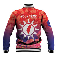 Back view red baseball jacket with striped ribs and 'YOUR TEXT' over sun and floral print