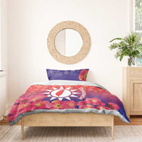 Personalized bedding set with red and purple floral duvet, white sun emblem, one pillow