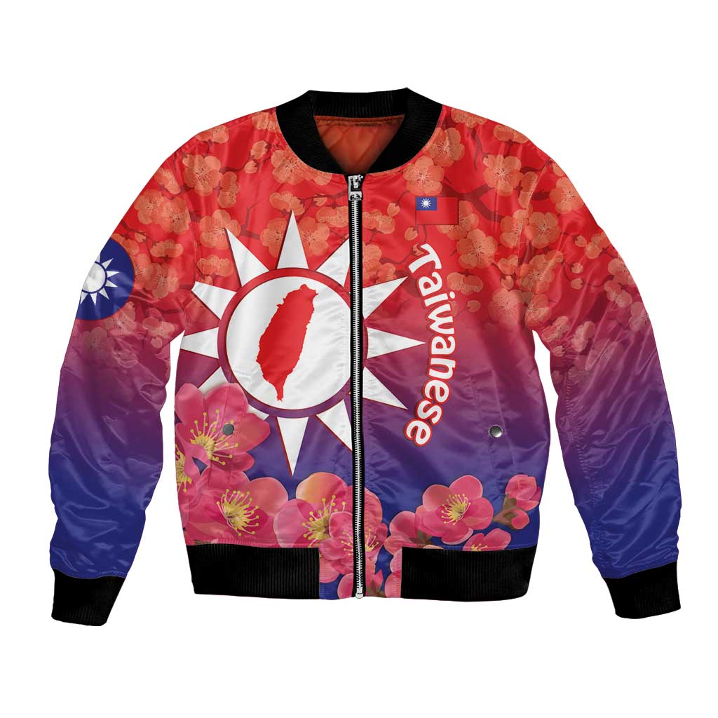Red, purple and navy bomber jacket with zipper, floral print and Taiwan-style emblem