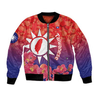 Red, purple and navy bomber jacket with zipper, floral print and Taiwan-style emblem