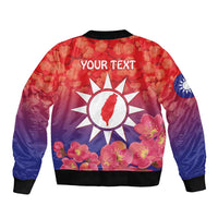 Bomber jacket back with 'YOUR TEXT', floral print, Taiwan sun emblem, ribbed hem